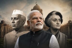 Illustrative portrait featuring Narendra Modi in the foreground with Jawaharlal Nehru and Indira Gandhi on either side against a backdrop of government buildings, symbolizing a comparison of their political legacies and years in power.