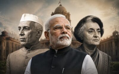 Illustrative portrait featuring Narendra Modi in the foreground with Jawaharlal Nehru and Indira Gandhi on either side against a backdrop of government buildings, symbolizing a comparison of their political legacies and years in power.