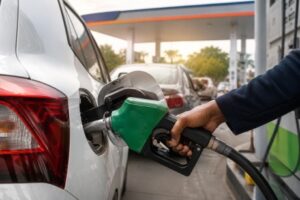 A petrol pump dispensing E20 fuel in India alongside vehicles at a fuel station.