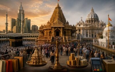 A symbolic illustration depicting the commercialization of religion, featuring a grand Hindu temple flanked by iconic Islamic, Christian, and Sikh places of worship. In the foreground, a balance scale contrasts a miniature temple with stacks of coins and cash, while crowds of pilgrims and tourists move through a bustling plaza with shopping bags and electronic payment devices, highlighting the tension between faith, commerce, and accountability across religious traditions.