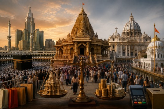 A symbolic illustration depicting the commercialization of religion, featuring a grand Hindu temple flanked by iconic Islamic, Christian, and Sikh places of worship. In the foreground, a balance scale contrasts a miniature temple with stacks of coins and cash, while crowds of pilgrims and tourists move through a bustling plaza with shopping bags and electronic payment devices, highlighting the tension between faith, commerce, and accountability across religious traditions.