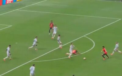Referee Francois Letexier reviewing VAR decision during Argentina vs Egypt World Cup 2026 match.