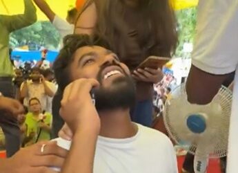 CJP founder Abhijeet Dipke celebrates announcement of Dharmendra Pradhan resignation at Jantar Mantar.