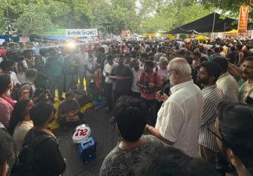 CPI(M) General Secretary M A Baby addressed students and youth at Jantar Mantar.