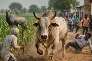 Aggressive stray bull charging through an Indian village as frightened residents and farmers try to avoid it.