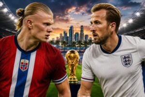 Erling Haaland and Harry Kane World Cup 2026 quarter-final preview graphic.