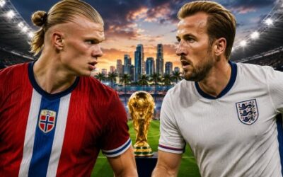 Erling Haaland and Harry Kane World Cup 2026 quarter-final preview graphic.