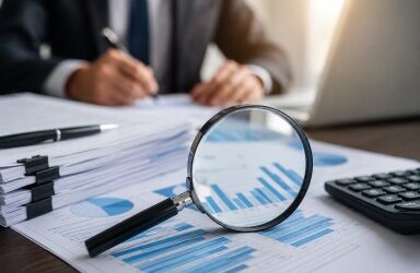 A magnifying glass placed over financial reports and charts on an office desk, alongside a calculator, documents, and a laptop, symbolizing corporate auditing, financial reporting, regulatory oversight, and accounting standards.