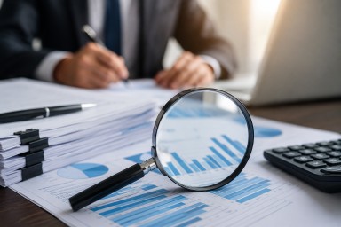 A magnifying glass placed over financial reports and charts on an office desk, alongside a calculator, documents, and a laptop, symbolizing corporate auditing, financial reporting, regulatory oversight, and accounting standards.