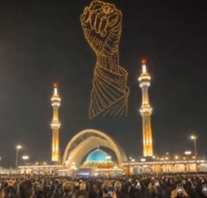 A giant clenched-fist monument displayed during Ayatollah Ali Khamenei's state funeral in Tehran, symbolising Iran's message of defiance and continuity.