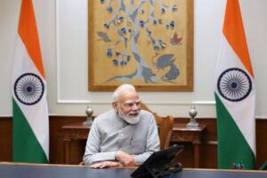 PM Narendra Modi as he speaks on phone in his office in New Delhi.