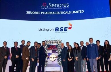 Senores Pharmaceuticals listing on BSES in 2024 with top management at ring the bell ceremony.