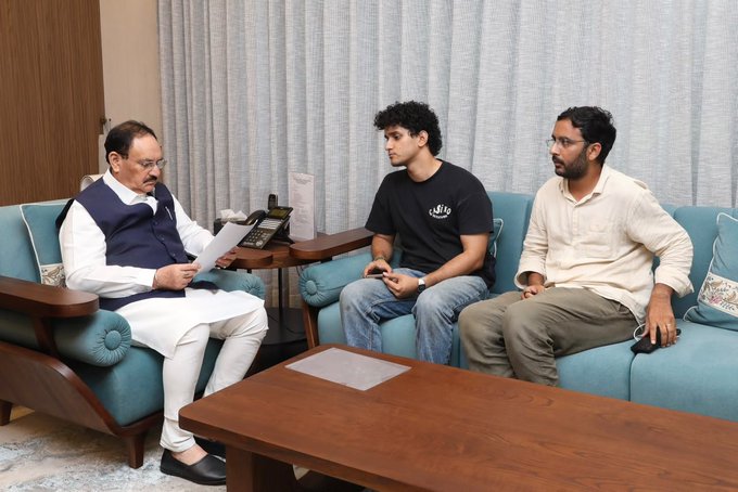 Union Minister JP Nadda meets CJP activists on Monday in New Delhi.