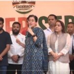 Former Delhi CM Atishi with CJP supporters at Jantar Mantar in New Delhi on Monday.