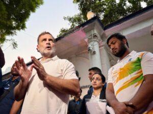 Congress leader Rahul Gandhi with pellet injury victim Sahil Lochav on Friday.