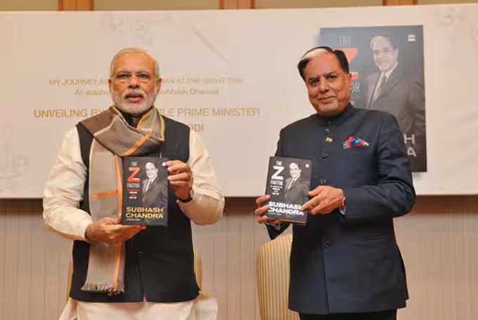 Media baron and defaulter Subhash Chandra with Prime Minister Narendra Modi at his book launch.