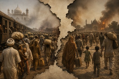 Partition of India 1947 showing refugees fleeing by train and on foot amid violence, smoke and destruction.
