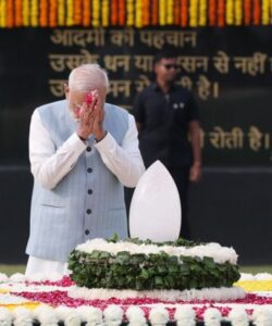Prime Minister Narendra Modi pays floral tributes to late Atal Bihari Vajpayee.