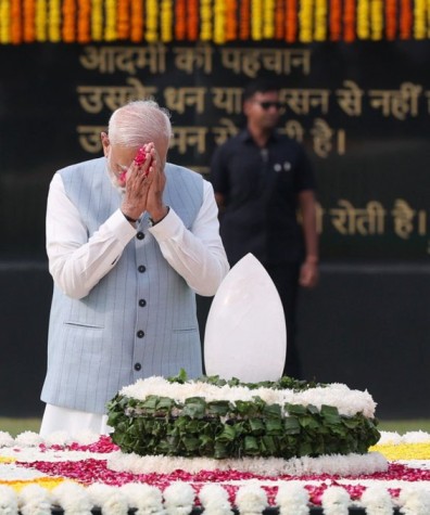 Prime Minister Narendra Modi pays floral tributes to late Atal Bihari Vajpayee.