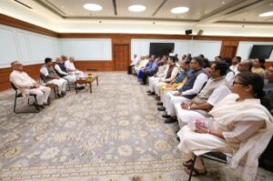 Prime Minister Narendra Modi with newly-elected Rajya Sabha MPs of the BJP.