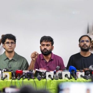 CJP founder Abhijeet Dipke with Saurav Das and Ashutosh Ranka at Delhi press conference