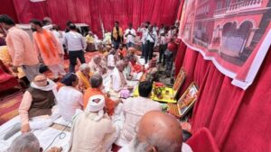 Champat Rai at foundation stone laying ceremony for the proposed new building of the Vishva Hindu Parishad, Awadh Province, in Lucknow.