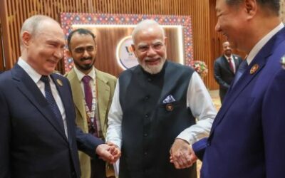 Prime Minister Narendra Modi with Chinese and Russian President Xi Jinping and Vladimir Putin on sidelines of BRICS 2026 in New Delhi on Saturday.