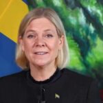 Magdalena Andersson speaking at her party’s election night event in Stockholm.