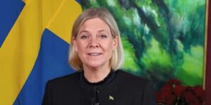 Magdalena Andersson speaking at her party’s election night event in Stockholm.