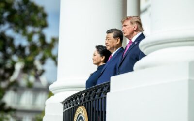US President Trump and Chinese President Xi Jinping at a White House arrival ceremony.