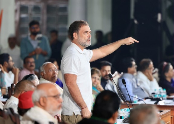 LoP Rahul Gandhi speaks at public impeachment of CEC Gyanesh Kumar in New Delhi on Saturday.