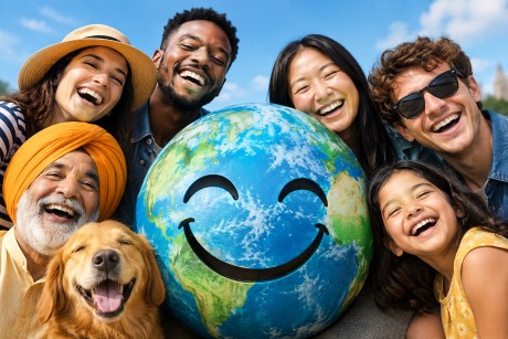 People from different backgrounds smiling and laughing around a smiling globe with a happy dog.