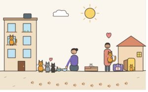 Sketch of a woman feeding community cats, a kitten in a box, a person adopting a cat and paw prints leading to a home.