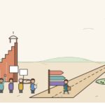 Sketch of protesters at Jantar Mantar, a signpost and a long road to distant grounds as a reporter walks away.