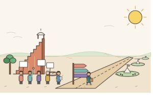 Sketch of protesters at Jantar Mantar, a signpost and a long road to distant grounds as a reporter walks away.