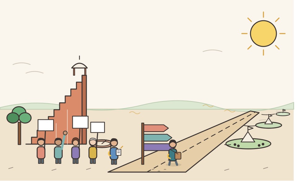 Sketch of protesters at Jantar Mantar, a signpost and a long road to distant grounds as a reporter walks away.