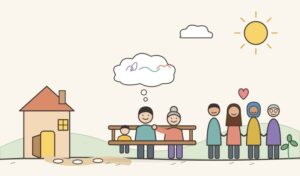 Sketch of a person on a bench supported by family, with a home, a path and a circle of people showing mental health inclusion.