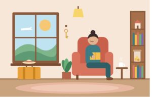 Woman reading in an armchair at home, with a suitcase, bookshelf and coin jar showing independent solo living.
